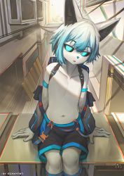 Rule 34 | 1boy, air conditioner, artist name, black sclera, black shorts, blue hair, building, child, collarbone, colored sclera, echa4797, furry, furry male, glowing, glowing eyes, gradient hair, highres, male focus, multicolored hair, navel, original, outdoors, parted lips, shorts, sitting, solo, topless male, white hair