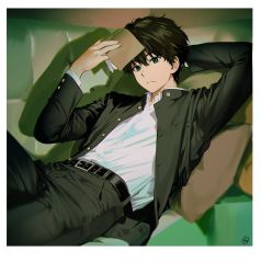 Rule 34 | 1boy, artist logo, belt, black belt, black pants, book, border, brown hair, brown jacket, buttons, couch, from side, frown, highres, holding, holding book, hyouka, jacket, lying, male focus, mery (yangmalgage), on back, open book, open clothes, open jacket, oreki houtarou, pants, pillow, school uniform, shirt, shirt tucked in, short hair, solo, white border, white shirt