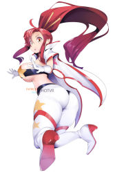 Rule 34 | 1girl, ass, bandeau, boots, breasts, cape, chopsticks, cleavage, gloves, high heel boots, high heels, hot vr, large breasts, long hair, pants, pixiv username, ponytail, red hair, shoe soles, solo, space yoko, tengen toppa gurren lagann, thigh boots, thighhighs, underboob, yellow eyes, yoko littner