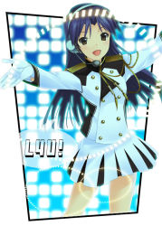 Rule 34 | 00s, 1girl, :d, band uniform, blue eyes, blue hair, character name, cowboy shot, dress, gloves, headphones, idolmaster, idolmaster (classic), kisaragi chihaya, long hair, long sleeves, looking at viewer, matching hair/eyes, mizuki makoto, open mouth, outstretched arms, smile, solo, standing, very long hair, white dress, white gloves