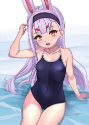 Rule 34 | 1girl, animal ears, arm up, azur lane, blue one-piece swimsuit, breasts, brown eyes, cameltoe, cleft of venus, covered navel, dedorudy, gluteal fold, grey hair, hairband, highres, long hair, looking at viewer, one-piece swimsuit, open mouth, rabbit ears, rabbit girl, school swimsuit, shimakaze (azur lane), sitting, small breasts, solo, swimsuit, thigh gap, thighs, water