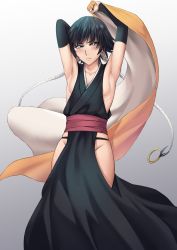 Rule 34 | 1girl, absurdres, armpits, arms up, black hair, bleach, blue eyes, blush, breasts, closed mouth, collarbone, haori, highres, japanese clothes, long hair, no bra, no panties, sakuya (liao kj), small breasts, solo, sui-feng, taichou haori, twintails