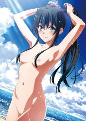 Rule 34 | 1girl, absurdres, adjusting hair, ahoge, armpits, arms up, beach, black hair, blue eyes, breasts, cleft of venus, closed mouth, cloud, completely nude, cowboy shot, hair between eyes, highres, long hair, looking at viewer, navel, nipples, nude, nude filter, ocean, outdoors, ponytail, pussy, sky, small breasts, smile, solo, stomach, sun flare, third-party edit, very long hair, water, yahari ore no seishun lovecome wa machigatteiru., yukinoshita yukino