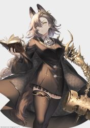 Rule 34 | animal ear fluff, arknights, artist name, ascot, black coat, black dress, black nails, black thighhighs, book, braid, breasts, brown hair, closed mouth, coat, dress, extra ears, frilled dress, frills, garter straps, gauntlets, highres, holding, holding book, knees together feet apart, large breasts, long hair, long sleeves, looking at viewer, nail polish, open book, open clothes, open coat, penance (arknights), rio (rio773), simple background, single braid, single garter strap, standing, thighhighs, v-shaped eyebrows, very long hair, white ascot, white background, yellow eyes, zettai ryouiki