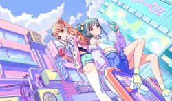 2girls aisaka_koko aqua_shorts belt blonde_hair blue_skirt bow cinderella_series cloud cropped_shirt cup disposable_cup double_bun drinking_straw dutch_angle from_below game_cg green_hair hachigatsu_no_cinderella_nine hair_bow hair_bun highres holding holding_cup jacket long_hair long_sleeves looking_at_viewer multiple_girls non-web_source off_shoulder official_alternate_hairstyle official_art on_railing open_mouth orange_eyes osaki_miyo outdoors parted_lips pastel_colors purple_jacket purple_sweater railing shirt shorts sitting skirt sky standing sweater thighhighs wavy_hair white_belt white_footwear white_shirt white_thighhighs yellow_bow