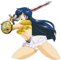 Rule 34 | 1980s (style), 1girl, armor, asou yuuko, bikini armor, blue eyes, blue hair, breasts, cleavage, collarbone, commentary request, cowboy shot, eyelashes, gold armor, highres, holding, holding sword, holding weapon, long hair, medium breasts, midriff, mugen senshi valis, navel, oggy (oggyoggy), oldschool, open mouth, panties, pantyshot, red ribbon, retro artstyle, ribbon, shield, shoulder pads, skirt, stomach, sword, transparent background, underwear, valis, vambraces, weapon, white panties, white skirt