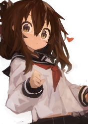 Rule 34 | 1girl, absurdres, black sailor collar, black skirt, blush, brown eyes, brown hair, closed mouth, folded ponytail, hair between eyes, heart, highres, inazuma (kancolle), kaamin (mariarose753), kantai collection, long hair, long sleeves, neckerchief, pleated skirt, red neckerchief, sailor collar, school uniform, serafuku, simple background, skirt, solo, upper body, white background