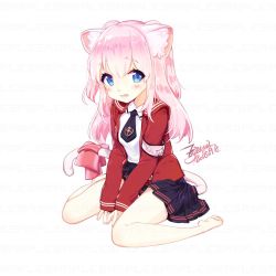 Rule 34 | 1girl, animal ears, blue eyes, blush, breasts, cat ears, cat tail, character request, child, dated, ejami, full body, long hair, looking at viewer, open mouth, original, pink hair, ribbon, sample watermark, school uniform, signature, simple background, sitting, skirt, small breasts, solo, tail, tail ornament, tail ribbon, watermark, white background