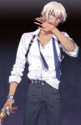 Rule 34 | 1boy, amuro tooru, belt, bleeding, blonde hair, blood, blood on arm, blood on clothes, blood on face, blue eyes, blue necktie, blurry, bottle, buttons, collarbone, collared shirt, commentary request, covering own mouth, cuts, depth of field, dress shirt, gradient background, grey pants, hair between eyes, hand up, harness, holding, holding bottle, injury, k (gear labo), looking at viewer, male focus, meitantei conan, necktie, nosebleed, pants, pectorals, shirt, short hair, simple background, sleeves rolled up, solo, standing, undone necktie, watch, white shirt, wristwatch