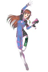 Rule 34 | 1girl, acronym, animal print, arm up, blue bodysuit, bodysuit, breasts, brown eyes, brown hair, charm (object), clothes writing, d.va (overwatch), facepaint, facial mark, full body, gloves, gradient hair, grey hair, gun, handgun, headphones, high collar, highres, holding, holding gun, holding weapon, long hair, looking at viewer, medium breasts, multicolored hair, open mouth, overwatch, overwatch 1, pilot suit, pink lips, pistol, rabbit print, ribbed bodysuit, shoulder pads, skin tight, smile, solo, standing, standing on one leg, swept bangs, tonaitoo, transparent background, weapon, whisker markings, white gloves, ||/
