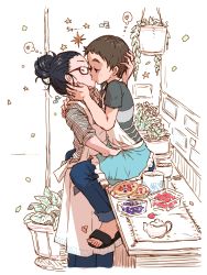 Rule 34 | 2girls, animal ears, apron, black hair, blouse, blush, brown hair, fern, food, hair bun, hand in another&#039;s hair, hand on another&#039;s thigh, heart, m k, multiple girls, musical note, original, pants, pants rolled up, plant, potted plant, sandals, shirt, single hair bun, sitting, spoken heart, spread legs, striped clothes, striped shirt, teapot, thought bubble, wife and wife, yuri