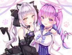 Rule 34 | 2girls, :d, ahoge, alternate hairstyle, animal ear fluff, animal ears, arm around waist, arm up, bare shoulders, black dress, blue hair, blue sailor collar, blunt bangs, bow, braid, breasts, cat ears, cat girl, cat tail, choker, collarbone, colored inner hair, criss-cross halter, detached sleeves, dress, extra ears, fang, frilled choker, frills, gothic lolita, hair ribbon, halter dress, halterneck, hand around wrist, highres, hololive, kemonomimi mode, large breasts, lolita fashion, long hair, long sleeves, looking at viewer, minato aqua, minato aqua (sailor), multicolored hair, multiple girls, murasaki shion, murasaki shion (gothic lolita), neck ribbon, open mouth, paw pose, paw print, purple eyes, purple hair, ribbon, sailor collar, sidelocks, silver hair, small breasts, smile, tail, tail bow, tail ornament, twin braids, two-tone hair, upper body, virtual youtuber, white background, white dress, yuano