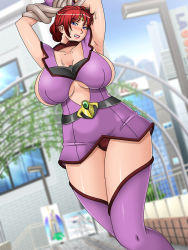Rule 34 | 1girl, arms up, blurry, blush, boots, bosei senshi uterus, breasts, center opening, city, clenched teeth, depth of field, dress, dutch angle, gaden, gloves, huge breasts, large breasts, lipstick, looking at viewer, makeup, monster, no bra, outdoors, pink lips, red hair, restrained, revealing clothes, short dress, short hair, sideboob, sweat, teeth, tentacles, thigh boots, thighhighs, zettai ryouiki