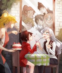 Rule 34 | 2boys, 6+girls, bare shoulders, black hair, blake belladonna, blue eyes, blush, bow, cake, camera phone, caught, cellphone, chair, closed eyes, covering own mouth, dating, drink, embarrassed, food, fruit, glass, green eyes, hair bow, hand over own mouth, heart, holding, jaune arc, kuma (bloodycolor), lie ren, long hair, multiple boys, multiple girls, nora valkyrie, open mouth, orange hair, phone, plant, plate, pyrrha nikos, red hair, ruby rose, rwby, scar, scar across eye, scar on face, shared drink, short hair, siblings, sisters, sitting, strawberry, table, tablecloth, taking picture, tears, weiss schnee, white hair, window, yang xiao long, yuri
