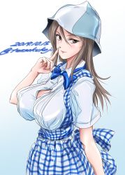 Rule 34 | 1girl, absurdres, alternate costume, apron, blue apron, blue background, blue bow, blue bowtie, blue hat, bow, bowtie, breasts, brown eyes, brown hair, bursting breasts, checkered apron, checkered clothes, closed mouth, collared shirt, commentary, convenience store, dated, employee uniform, eyelashes, finger to mouth, fingernails, gingham, gingham apron, girls und panzer, hat, highres, kobeya, kobeya uniform, large breasts, lipstick, long hair, looking at viewer, makeup, mika (girls und panzer), one-hour drawing challenge, plaid, plaid apron, red lips, sharp fingernails, shirt, shop, short sleeves, shushing, smile, solo, standing, tomokoji, twitter username, uniform, waitress, white shirt