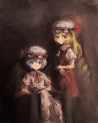 Rule 34 | 2girls, absurdres, ascot, bat wings, blonde hair, blush, bow, brown background, chair, crystal, faux traditional media, flandre scarlet, frilled shirt collar, frilled sleeves, frills, hat, highres, looking at viewer, mob cap, multiple girls, nepperoni, puffy short sleeves, puffy sleeves, purple hair, rainbow order, red ascot, red bow, red skirt, red vest, remilia scarlet, short hair, short sleeves, siblings, side ponytail, simple background, sisters, sitting, skirt, smile, standing, touhou, traditional media, vest, wings, yellow ascot