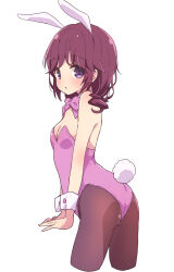 Rule 34 | 1girl, animal ears, ass, bare shoulders, blush, bow, bowtie, breasts, brown pantyhose, cropped legs, detached collar, highres, leotard, looking at viewer, looking back, machikado mazoku, mel (melty pot), pantyhose, playboy bunny, purple bow, purple bowtie, purple eyes, purple hair, purple leotard, rabbit ears, rabbit tail, simple background, small breasts, solo, strapless, strapless leotard, tail, white background, wrist cuffs, yoshida ryouko