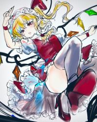 Rule 34 | 1girl, ascot, ass, blonde hair, blush, convenient leg, crystal, flandre scarlet, frills, from below, grey background, hat, hat ribbon, highres, kyogoku-uru, laevatein (touhou), mary janes, mob cap, pointy ears, puffy short sleeves, puffy sleeves, red eyes, red footwear, red ribbon, red skirt, ribbon, shoes, short sleeves, simple background, sketch, skirt, skirt set, solo, thighhighs, touhou, traditional media, vest, white thighhighs, wings, wrist cuffs