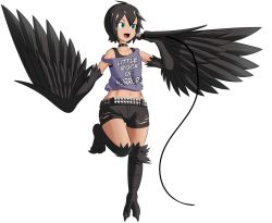 Rule 34 | 1boy, belt, black bra, black feathers, black hair, black wings, bra, choker, clothes writing, commentary, english commentary, fang, feathered wings, feathers, freckles, green eyes, grey tank top, hair between eyes, harpy boy, highres, holding, holding microphone, jae (kt80at), kt80at, male focus, microphone, midriff, monster boy, navel, open mouth, original, short hair, short shorts, shorts, simple background, solo, sports bra, standing, standing on one leg, studded choker, talons, tan, tank top, torn clothes, torn shorts, trap, underwear, white background, winged arms, wings