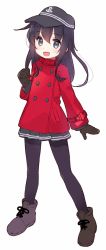 Rule 34 | 10s, 1girl, akatsuki (kancolle), alternate costume, anchor symbol, bad id, bad pixiv id, black eyes, black hair, boots, casual, clenched hand, flat cap, full body, gloves, hat, jacket, kantai collection, long hair, muhogame, pantyhose, solo, white background