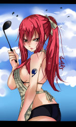 Rule 34 | 1girl, absurdres, apron, bikini, breasts, brown eyes, erza scarlet, fairy tail, highres, large breasts, long hair, looking at viewer, red hair, sideboob, solo, swimsuit