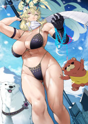 Rule 34 | 1boy, 1girl, abs, axe, bare shoulders, battle axe, bear, bikini, black bikini, blonde hair, blue sky, breasts, chain, cleavage, duplicate, barghest (fate), fairy knight gawain (ice warrior) (fate), fate/grand order, fate (series), gauntlets, green eyes, heterochromia, highres, horns, large breasts, long hair, looking at viewer, muscular, muscular female, navel, orion (bear) (fate), polar bear, ponytail, red eyes, scarf, sidelocks, single gauntlet, sky, snow, stuffed animal, stuffed toy, swimsuit, teddy bear, thighs, weapon, white scarf, yoshio (55level)