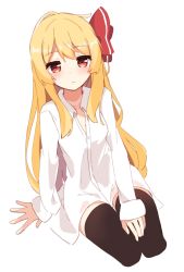 Rule 34 | 1girl, absurdres, alternate hair length, alternate hairstyle, black thighhighs, blonde hair, blush, bow, closed mouth, cropped legs, dress shirt, expressionless, hair bow, highres, iroha (pcrx7327), long hair, long sleeves, looking at viewer, red bow, red eyes, rumia, shirt, simple background, sitting, solo, thighhighs, touhou, very long hair, white background, white shirt