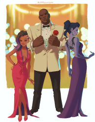 Rule 34 | 1boy, 2girls, a-ka, alternate hair length, alternate hairstyle, backless dress, backless outfit, bald, belly chain, black hair, bow, bowtie, breasts, brown hair, cleavage, colored skin, dark-skinned female, dark-skinned male, dark skin, doomfist (overwatch), dress, dress shirt, flower, formal, gradient hair, hand on own hip, height difference, jewelry, lipstick, long dress, long hair, low neckline, makeup, manly, mole, mole under eye, multicolored hair, multiple girls, nail polish, necklace, overwatch, overwatch 1, purple eyes, purple hair, purple skin, rose, shirt, short hair, small breasts, sombra (overwatch), suit, tattoo, updo, very dark skin, widowmaker (overwatch)