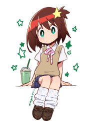Rule 34 | 1girl, arm support, blush, bright pupils, brown footwear, brown hair, closed mouth, full body, green eyes, hair ornament, looking at viewer, luluco, mago, plaid, plaid skirt, pleated skirt, school uniform, short hair, side ponytail, simple background, sitting, sketch, skirt, socks, solo, star (symbol), star hair ornament, symbol-only commentary, uchuu patrol luluco, white background, white pupils