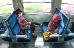 Rule 34 | 1girl, backpack, bag, boots, bottle, brown hair, camera, cellphone, commentary request, fanny pack, holding, holding phone, hood, hoodie, motion blur, original, pantyhose, pantyhose under shorts, partial commentary, phone, ponytail, short hair, short ponytail, shorts, sitting, smartphone, solo, train interior, tree bowbow, unworn backpack, unworn bag, water bottle