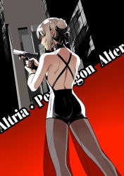 Rule 34 | 1girl, artoria pendragon (alter swimsuit rider) (fate), artoria pendragon (fate), bow, bracelet, building, character name, city, earrings, eilinna, fate/grand order, fate (series), from behind, gun, hair bow, hair bun, handgun, highres, holding, holding gun, holding weapon, jewelry, looking back, pistol, platinum blonde hair, see-through pants, shoulder blades, single hair bun, skyscraper, solo, trigger discipline, weapon, yellow eyes
