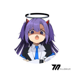 Rule 34 | 1girl, asymmetrical bangs, blue archive, blue bow, blue bowtie, blue eyes, bow, bowtie, crossed arms, demon horns, elena zao, fangs, frown, halo, highres, horns, long hair, looking at viewer, off shoulder, open mouth, purple hair, red pupils, shirt, sidelocks, simple background, skin fangs, solo, two side up, upper body, white background, white shirt, yuuka (blue archive)