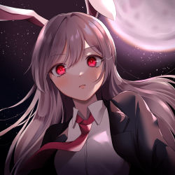 Rule 34 | 1girl, ? (spsp2323), animal ears, black jacket, blush, breasts, bright pupils, closed mouth, collared shirt, commentary request, crescent, crescent pin, expressionless, eye trail, from below, full moon, hair between eyes, highres, jacket, light trail, long hair, long sleeves, looking at viewer, medium breasts, moon, necktie, night, night sky, purple hair, rabbit ears, red eyes, red necktie, reisen udongein inaba, shirt, sky, solo, star (sky), starry sky, touhou, upper body, white shirt, wing collar