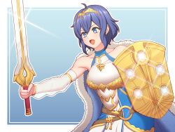 1girl alternate_costume armor bare_shoulders binding_shield blue_cape blue_dress blue_eyes blue_hair blush breastplate cape commentary_request commission cosplay detached_sleeves dress falchion_(fire_emblem) fire_emblem fire_emblem_awakening fur-trimmed_cape fur_trim hair_between_eyes holding holding_shield holding_sword holding_weapon ibushi_(oath) jewelry lucina_(fire_emblem) lucina_(fire_emblem)_(cosplay) morgan_(female)_(fire_emblem) morgan_(fire_emblem) nintendo open_mouth see-through_clothes see-through_sleeves shield short_hair skeb_commission smile solo sword tiara weapon white_armor