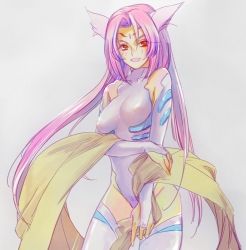 Rule 34 | 1990s (style), 1girl, :d, animal ears, bare shoulders, blush, bodysuit, breasts, bridal gauntlets, cat ears, covered erect nipples, cowboy shot, crossed arms, elbow gloves, facial mark, forehead mark, fox ears, gloves, halterneck, highleg, highleg leotard, houshin engi, leotard, light purple hair, long hair, looking at viewer, open mouth, pink hair, red eyes, retro artstyle, shawl, simple background, sketch, smile, so dakki, solo, thighhighs, thighs, tom (noma84), tom (pixiv268280), turtleneck, twintails, unaligned breasts, very long hair, white background, white thighhighs