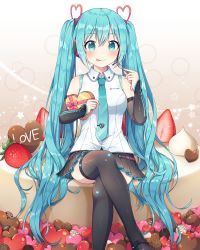 Rule 34 | 1girl, :p, absurdres, bare shoulders, black footwear, black skirt, black sleeves, black thighhighs, blue hair, boots, box, breasts, cake, closed mouth, collared shirt, commentary, crossed legs, detached sleeves, feet out of frame, food, fork, green eyes, hair between eyes, hatsune miku, hatsune miku (vocaloid4), heart, heart-shaped box, highres, holding, holding fork, kaoling, long hair, long sleeves, looking at viewer, medium breasts, oversized food, oversized object, pleated skirt, shirt, skirt, sleeveless, sleeveless shirt, sleeves past wrists, smile, solo, symbol-only commentary, thigh boots, thighhighs, tongue, tongue out, twintails, very long hair, vocaloid, white shirt