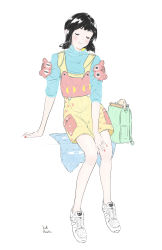 Rule 34 | 1girl, absurdres, aqua shirt, black hair, blush, closed eyes, highres, kawatsu yuuki, limited palette, original, overall shorts, overalls, shirt, short hair, short sleeves, simple background, sitting, smile, solo, white background, white footwear, yellow overalls