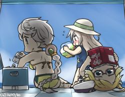 Rule 34 | 10s, 3girls, :p, :q, alternate costume, aqua eyes, ass, ball, beachball, beer can, bikini, blonde hair, blowing, blue eyes, braid, can, checkered floor, cloud print, dated, drink can, from behind, glasses, green bikini, hamu koutarou, hat, i-8 (kancolle), kantai collection, kikuzuki (kancolle), long hair, looking to the side, lying, midriff, multiple girls, on back, one-piece swimsuit, open mouth, reading, red eyes, school swimsuit, semi-rimless eyewear, single braid, sitting, sky, standing, swimsuit, thighs, tongue, tongue out, unryuu (kancolle), unworn hat, unworn headwear, very long hair, white hair, yellow eyes