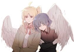 Rule 34 | 2girls, ahoge, angel wings, black shirt, blonde hair, blue hair, bocchi the rock!, braid, canis428, closed eyes, collared shirt, dress shirt, expressionless, feathered wings, grabbing another&#039;s wing, hair ornament, hairclip, hand on own arm, head on another&#039;s shoulder, highres, hood, hoodie, ijichi nijika, mole, mole under eye, multiple girls, open clothes, open hoodie, shirt, short hair, side ponytail, sidelocks, sleeping, sleeping on person, wavy hair, white shirt, wings, yamada ryo, yuri