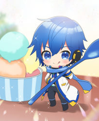 Rule 34 | 1boy, :p, belt, blue eyes, blue hair, blush, chibi, coat, food, headset, high collar, holding, holding spoon, ice cream, kaito (vocaloid), kaito (vocaloid3), kikuchi mataha, looking to the side, male focus, mini person, miniboy, on table, oversized object, partially unzipped, scarf, short hair, smile, solo, sparkle, spoon, table, tongue, tongue out, v-shaped eyebrows, vocaloid