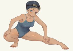 Rule 34 | 1girl, barefoot, blue eyes, blue one-piece swimsuit, blush, breasts, daipunch, dark skin, highres, medium breasts, one-piece swimsuit, original, pink nails, school swimsuit, simple background, solo, stretching, swim cap, swimsuit, tan