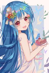 Rule 34 | 1girl, :d, alternate costume, bare arms, bare shoulders, binan xian lu, blue hair, blush, cake, commentary, dress, fang, flower, food, food-themed hair ornament, hair flower, hair ornament, hair ribbon, highres, hinanawi tenshi, holding, holding plate, long hair, looking at viewer, open mouth, peach hair ornament, plate, red eyes, red flower, ribbon, skin fang, sleeveless, sleeveless dress, smile, solo, touhou, upper body, white dress, white ribbon