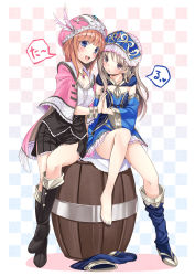 Rule 34 | 2girls, :d, atelier (series), atelier rorona, atelier totori, bangle, barefoot, barrel, blue eyes, blue footwear, blunt bangs, blush, boots, bracelet, breasts, brown eyes, brown hair, cape, checkered background, cleavage, detached sleeves, female focus, flat chest, hat, headdress, highres, hinasaki you, holding hands, jewelry, knee boots, legs, looking at viewer, multiple girls, nail polish, open mouth, orange hair, pendant, rororina fryxell, shoes, single shoe, single thighhigh, sitting, sitting on object, skirt, smile, symmetrical hand pose, thigh boots, thighhighs, toenail polish, toenails, totooria helmold, yuri