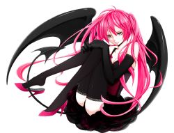 Rule 34 | 1girl, akazaki, bare shoulders, black eyes, black thighhighs, colored eyelashes, demon girl, demon tail, demon wings, elbow gloves, eyelashes, female focus, full body, gloves, gothic lolita, grey eyes, high heels, highres, hugging own legs, lace, lace-trimmed legwear, lace trim, legs, lolita fashion, long hair, original, pink hair, shoe dangle, shoes, simple background, sitting, smile, solo, tail, thighhighs, twintails, white background, wings