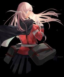 Rule 34 | 1girl, bag, bandage over one eye, black background, fate/grand order, fate (series), florence nightingale (fate), florence nightingale (third ascension) (fate), from behind, gloves, highres, hoshi rasuku, jacket, jacket on shoulders, long hair, looking at viewer, pink hair, red eyes, satchel, skirt, solo, twitter username, white gloves