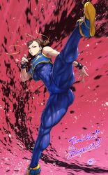 Rule 34 | 1girl, abs, bare shoulders, blue unitard, bracelet, brown eyes, brown hair, capcom, chun-li, commentary, commission, cropped vest, double bun, earrings, fujii eishun, gold trim, hair bun, high kick, highres, jewelry, kicking, leg up, lips, makeup, muscular, muscular female, parted lips, shoes, signature, skeb commission, skin tight, sleeveless, sneakers, street fighter, street fighter zero (series), unitard, vest