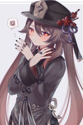 Rule 34 | 1girl, black hat, black nails, black shirt, blush, brown hair, engasaki sakura, genshin impact, grey background, hands up, hat, highres, hu tao (genshin impact), jewelry, long hair, long sleeves, looking at viewer, nail polish, orange eyes, ring, shirt, solo, spoken squiggle, squiggle, twintails, upper body, very long hair