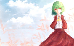 Rule 34 | 1girl, arms behind back, ascot, blue sky, cloud, collared shirt, day, fanshu, green hair, highres, kazami yuuka, long skirt, long sleeves, looking at viewer, petals, plaid, plaid skirt, plaid vest, red eyes, shirt, short hair, skirt, sky, smile, solo, standing, sunlight, touhou, vest, wind