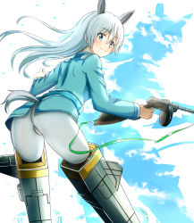 Rule 34 | 1girl, animal ears, aqua eyes, ass, blush, eila ilmatar juutilainen, from behind, gloves, gradient background, gun, highres, long hair, looking at viewer, looking back, mecha musume, military, military uniform, pantyhose, silver hair, smile, solo, strike witches, submachine gun, suomi kp/-31, tail, uniform, weapon, world witches series