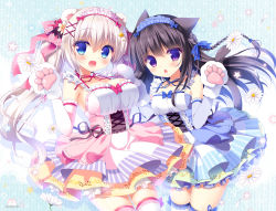 Rule 34 | 2girls, :d, animal ears, animal hands, arm behind back, bear ears, blue bow, blue eyes, blue ribbon, blush, bow, braid, breasts, brown hair, cat ears, cat tail, chestnut mouth, detached sleeves, eyebrows, fang, flat chest, flower, frilled sleeves, frills, hair between eyes, hair ornament, hand on another&#039;s shoulder, head tilt, high-waist skirt, long hair, looking at viewer, maid headdress, medium breasts, multiple girls, neck ribbon, open mouth, original, petals, petticoat, purple eyes, red ribbon, ribbon, sasai saji, silhouette, skirt, smile, standing, star (symbol), star hair ornament, tail, thighhighs, twintails, very long hair, watermark, white legwear, x hair ornament